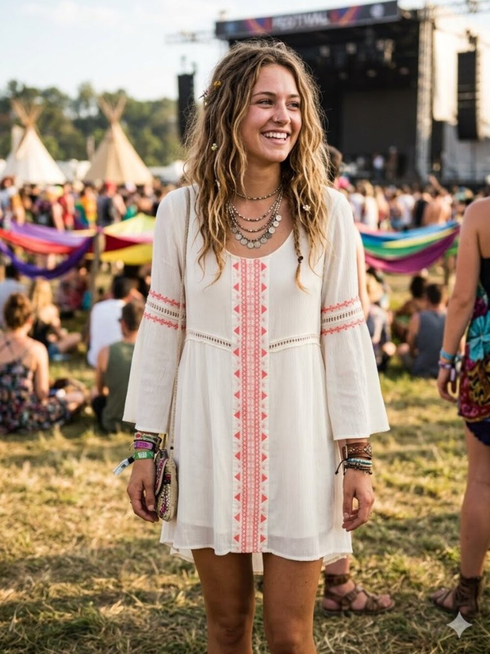 Miss Me Boho Small Cream Coral Embroidered Bell Sleeves Lined Tunic Dress 3486